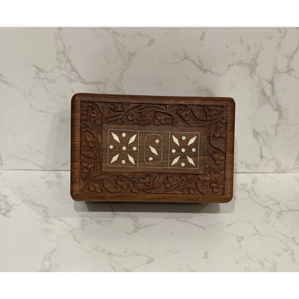 Vintage Wooden Hand Carved Inlay Sheesham Trinket Jewelry Lined Hinged Box